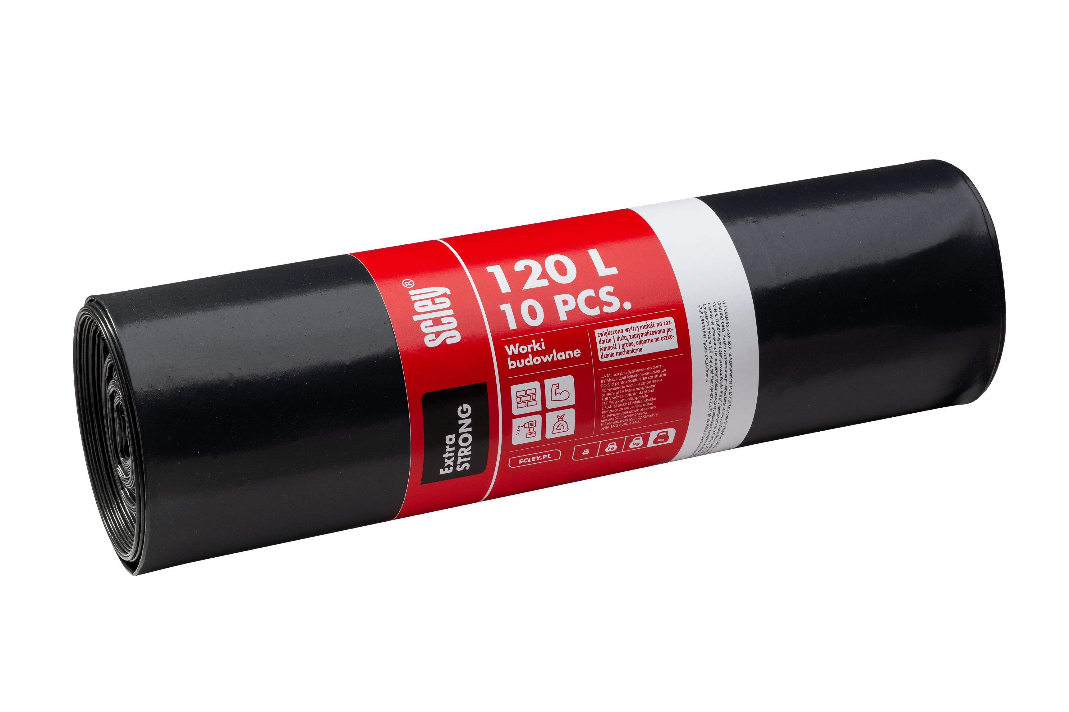 Scley worki budowlane poj. 120 l, folia Extra Strong, szare, op. rolka 10 szt.