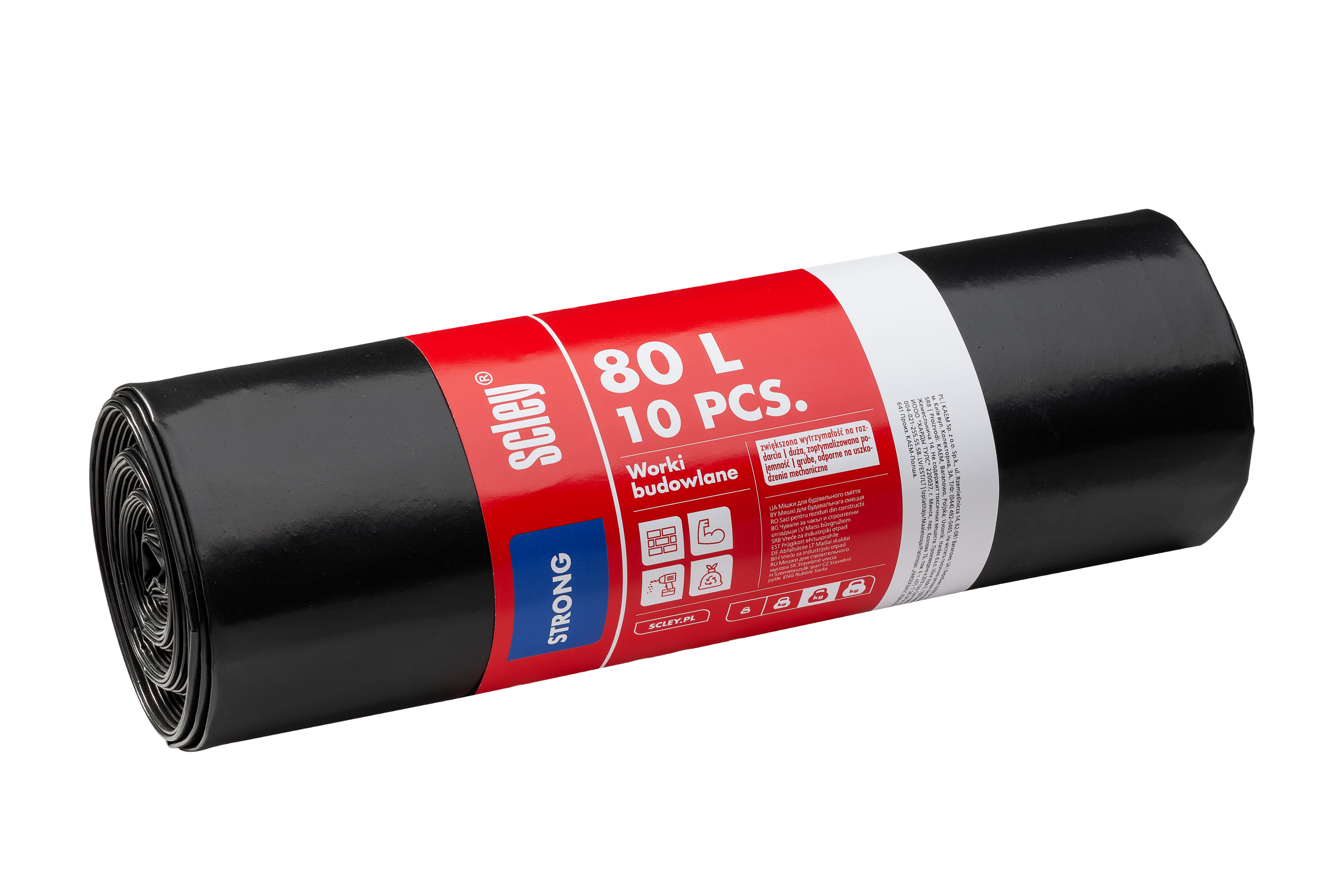 Scley worki budowlane poj. 80 l, folia Extra Strong, szare, op. rolka 10 szt.