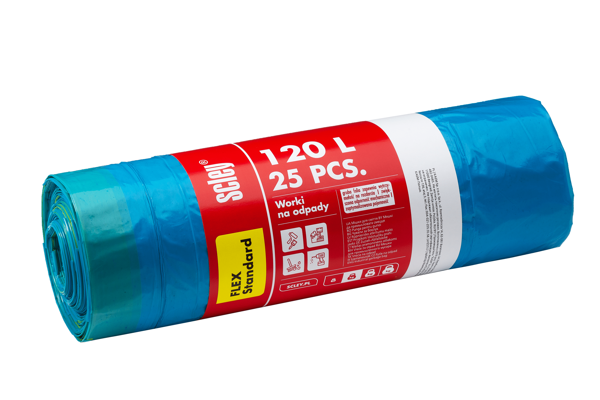 Scley worki na odpady z taśmą, poj. 120 l, folia Flex Standard, niebieskie, op. rolka 25 szt.