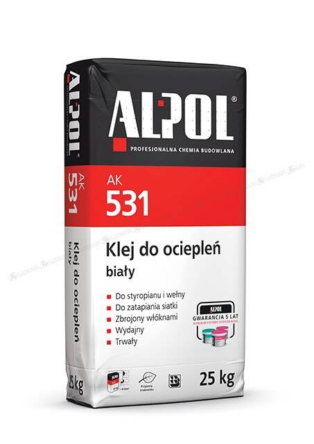 Klej do ociepleń na styropianie i wełnie oraz do zatapiania siatki biały AK 531 25 kg ALPOL